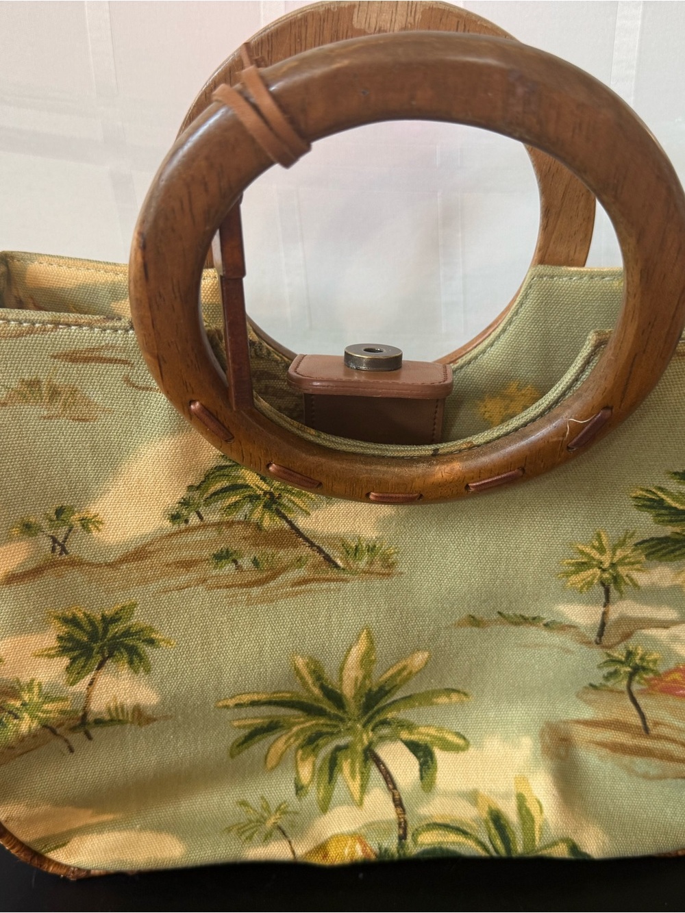 Fossil Y2K Palm-Print Mini Tote with Wooden Ring Handles - Green and Brown